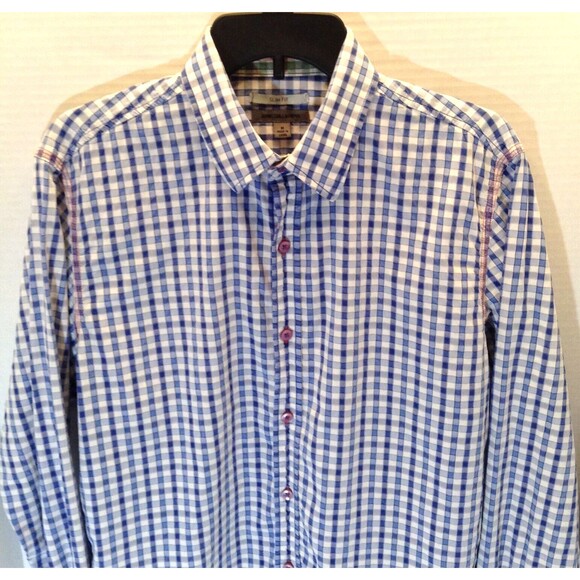 Johnston & Murphy Shirt Men M Blue Check Plaid Slim Fit Button Up Flip Cuff - Picture 5 of 11